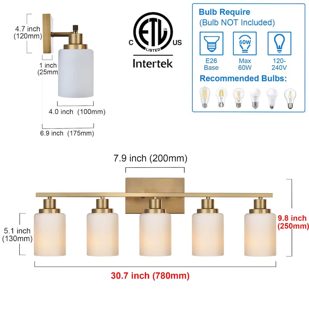 4-Light Bathroom Light Fixtures Brushed Brass 6-Light Bathroom Vanity Light, Bathroom Lights Over Mirror with Milky Glass Shade