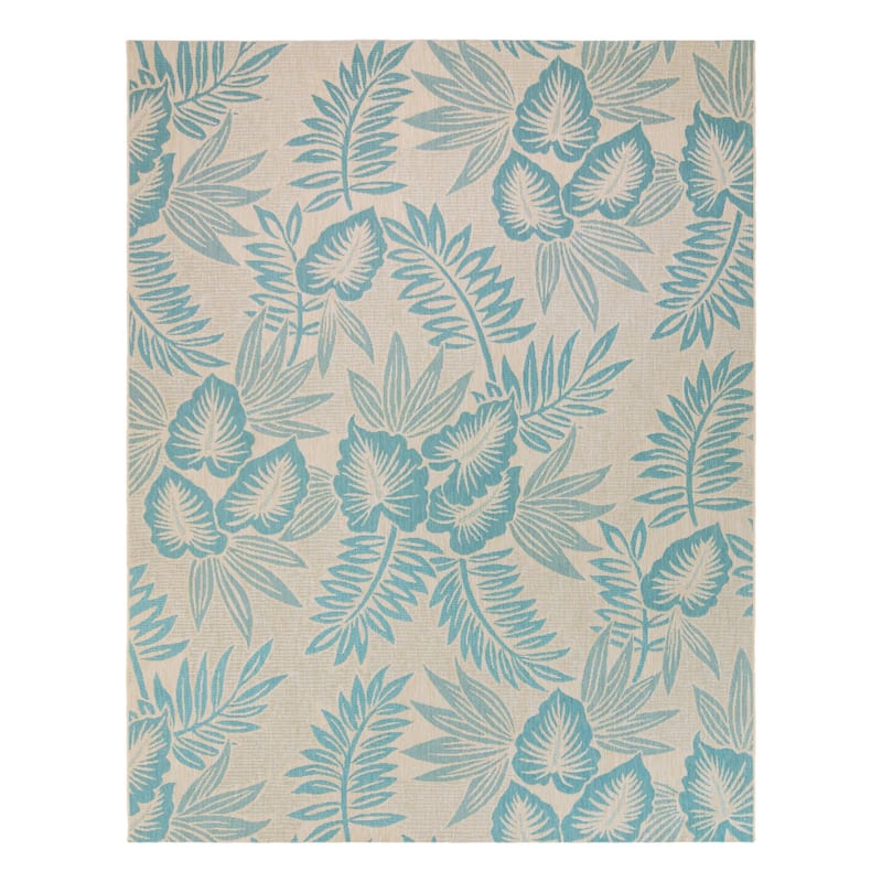 Reyn Spooner Kona Coast Kamea Teal Blue Tropical Leaf Flatweave Indoor/ Outdoor Area Rug