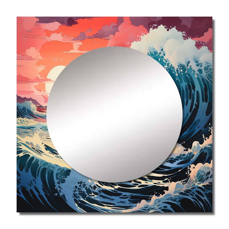 Designart "Dramatic Ocean Waves II" Modern Wall Mirror - Coastal Large Square Printed Mirror For Hallway