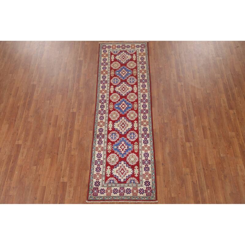 Hand Knotted Oriental 100% Wool Carpet Traditional Geometric Red Kazak Runner Rug - 8' 7'' X 2' 8''