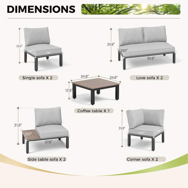 10-Seat Patio Sectional sofa set, E-coating Steel frame Conversation Sets with Built-in Side Table , Grey Cushion