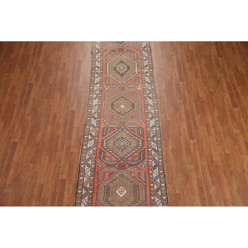 Hand Knotted Oriental 100% Wool Carpet Traditional Tribal Coral Hamedan Runner Rug - 13' 2'' X 3' 5''