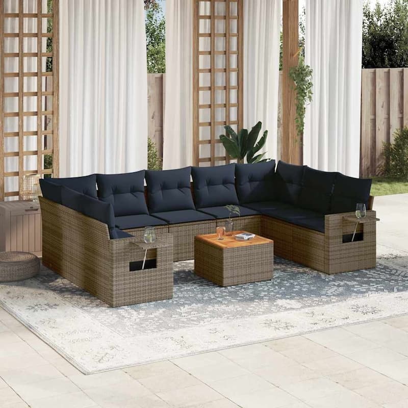 vidaXL 10 Piece Patio Sofa Set with Cushions Black Poly Rattan - 24.4" x 24.4" x 27.2" - Grey  - form1