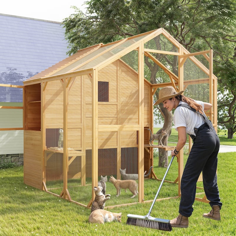Large Outdoor Wooden Chicken Coop & Cat Enclosure with Run, 2 Colors Pet Cage