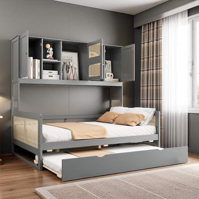 Wood Full Size Daybed with Built-In Storage Cabinet, Shelves & Twin Trundle, Rattan Accent, No Box Spring Needed - Full Gray - Full
