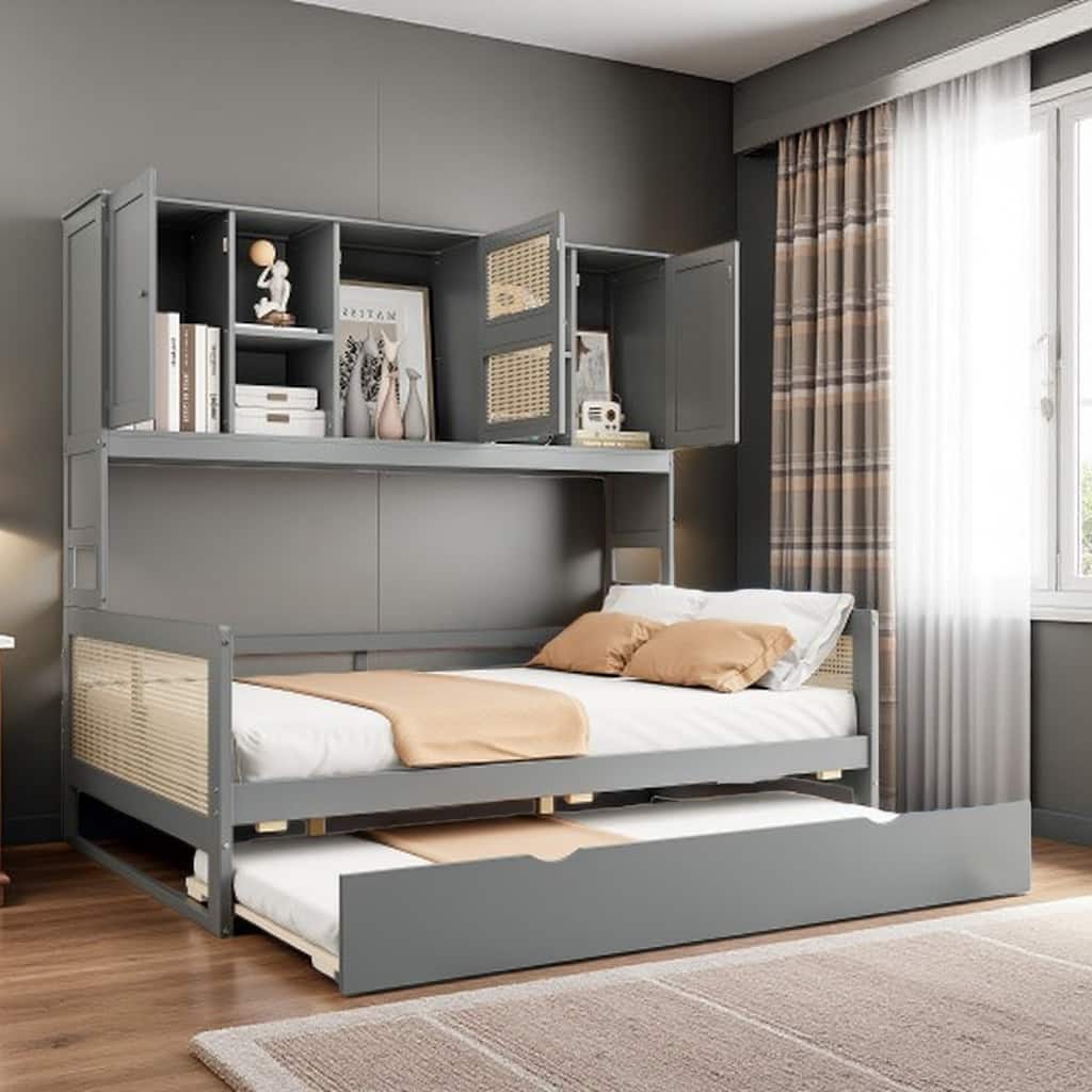 Wood Full Size Daybed with Built-In Storage Cabinet, Shelves & Twin Trundle, Rattan Accent, No Box Spring Needed