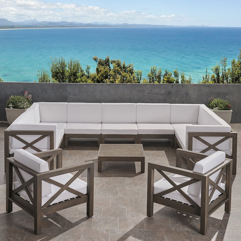 Brava Outdoor 11 Seater Acacia Wood Sectional Sofa and Club Chair Set by Christopher Knight Home