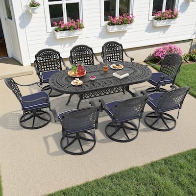 9-Piece Aluminum Oval Outdoor Patio Dining Set, 8 Cushioned Swivel Chairs, Table, All-Weather Frames