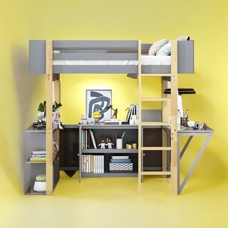 Twin Size Loft Bed With Built-in Storage Cabinet and Cubes and Desk