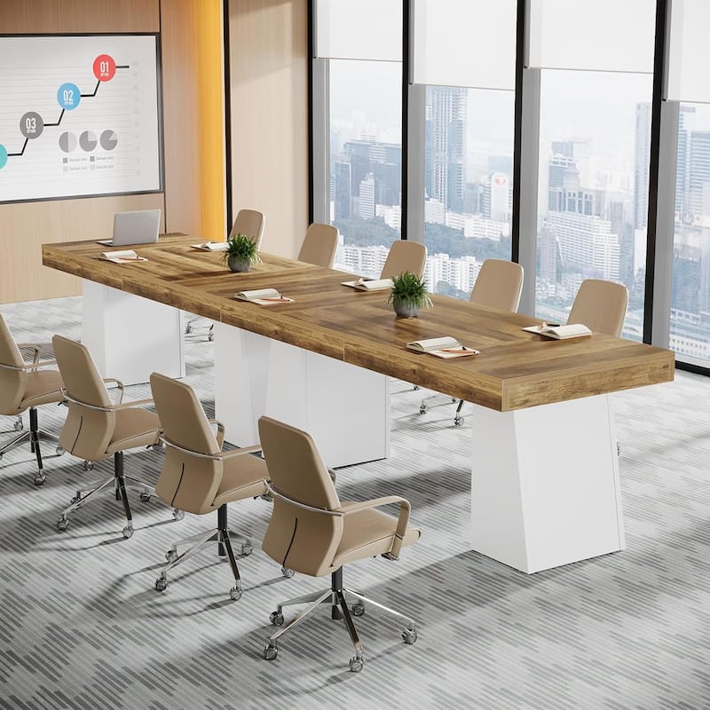 Conference Table, Modern Meeting Table with Thick Tabletop and Trapezoidal Legs