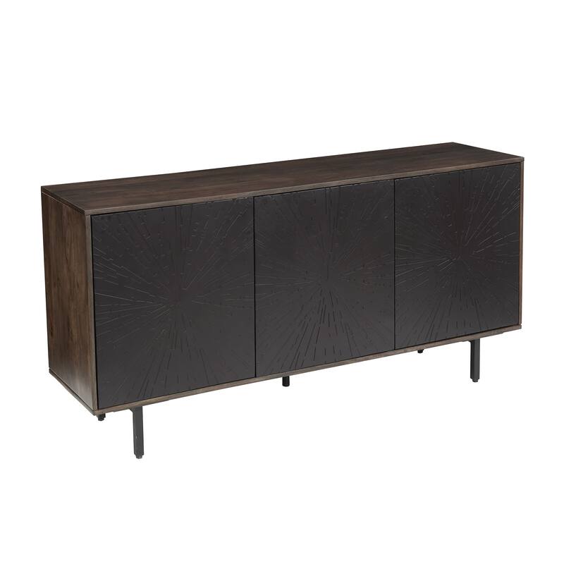 64 Inch Cosmo TV Stand Console, 3-Door Cabinet, Dark Walnut Brown & Black Mango Wood