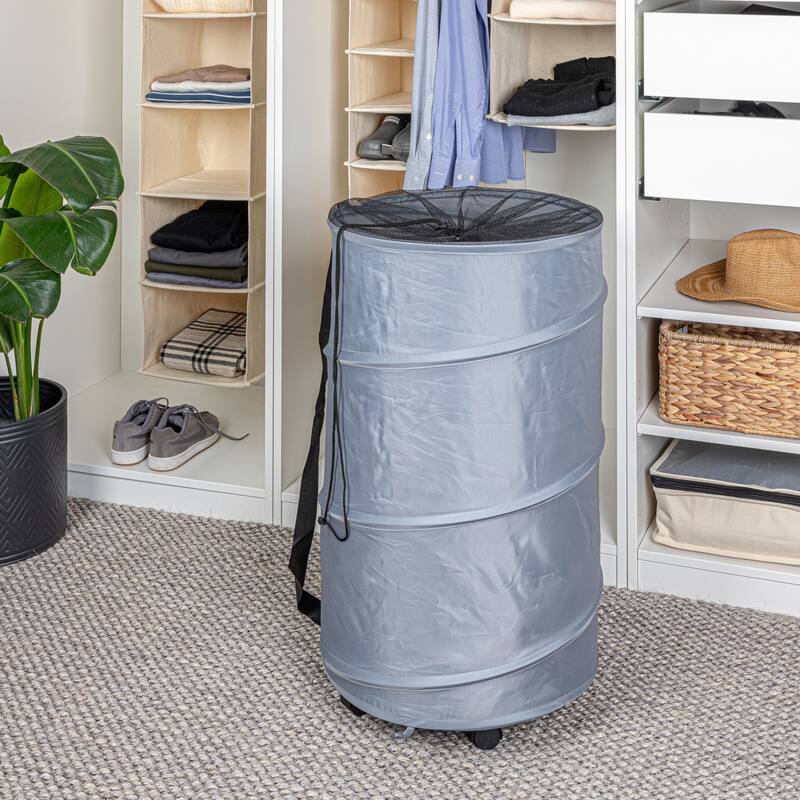 Household Essentials Rolling Pop Up Hamper with Shoulder Strap and Removable Wheels