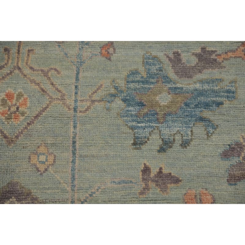 Light Blue Floral Oushak Vegetable Dye Area Rug, Floral Geometric Carpet - 12' 5'' X 9' 4''