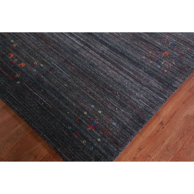 Hand Knotted Oriental 100% Wool Carpet Tribal Stripe Greys & Charcoal Gabbeh Area Rug - 9' 6'' X 9' 9''