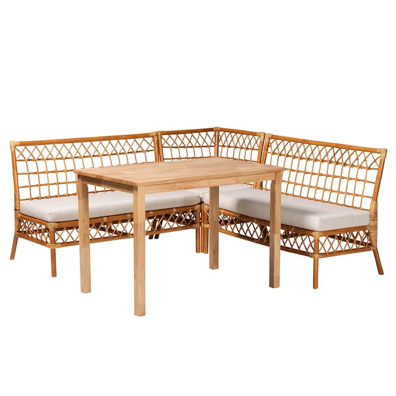 Aina Modern Bohemian Honey Rattan 4-Piece Dining Nook Set - Honey