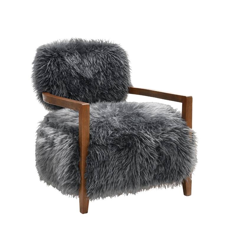 1pc Accent Chair Raked Wooden Arms Tight Back And Seat Soft Faux Fur Contemporary Living Room Furniture