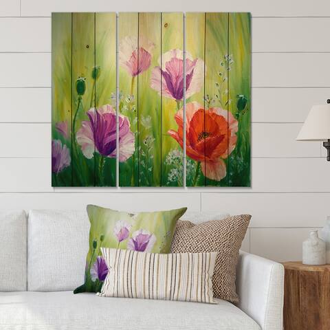 Designart 'Blossoming Poppies In The Morning II' Traditional Print on Natural Pine Wood - 3 Panels
