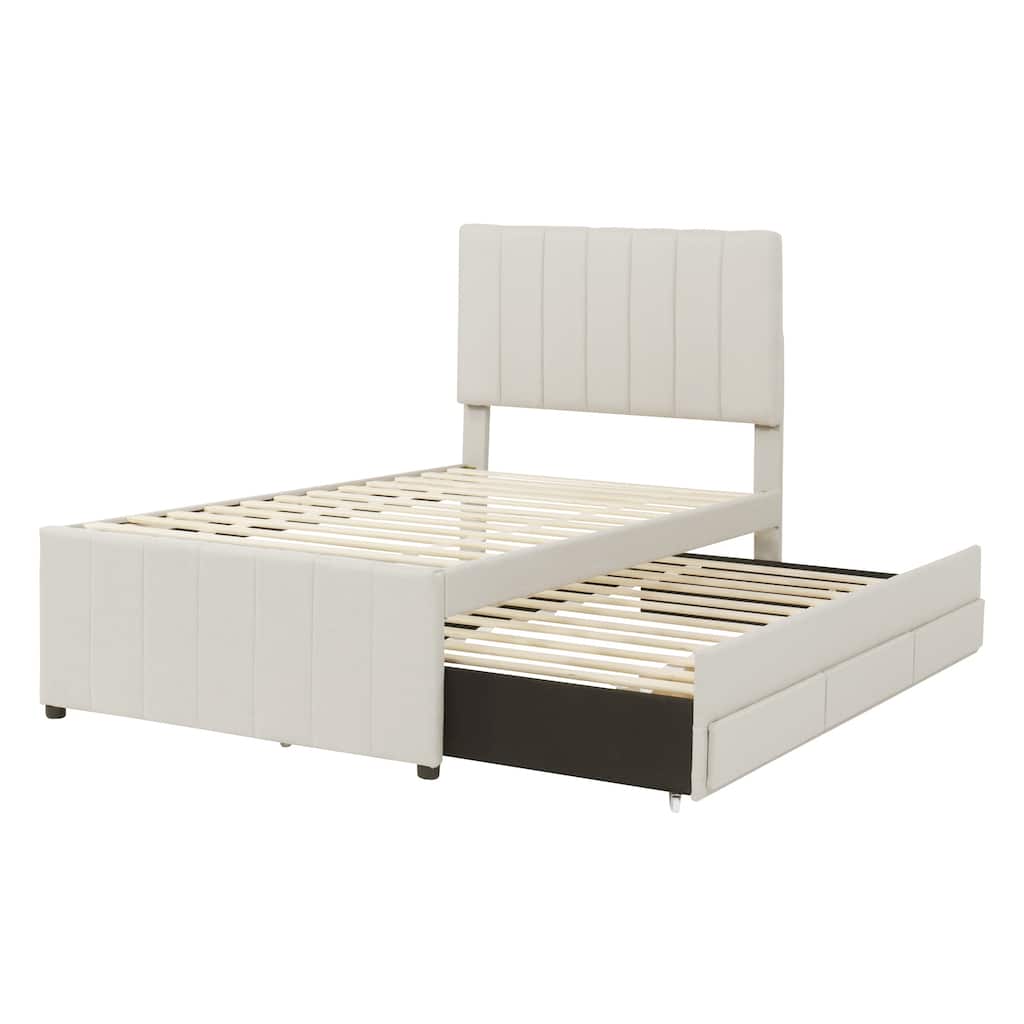 Twin Size Wood Bed Frame Linen Fabric Upholstered Platform Bed with 3 Drawers and Trundle, No Box Spring Needed,Beige