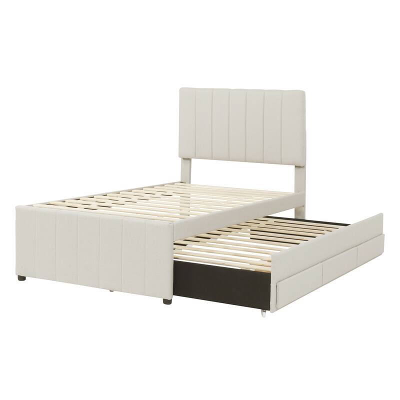 Upholstered Twin Size Platform Bed with Trundle & 3 Drawers for Kids Bedroom,Solid Bedframe w/Storage & Linen Fabric for Bedroom