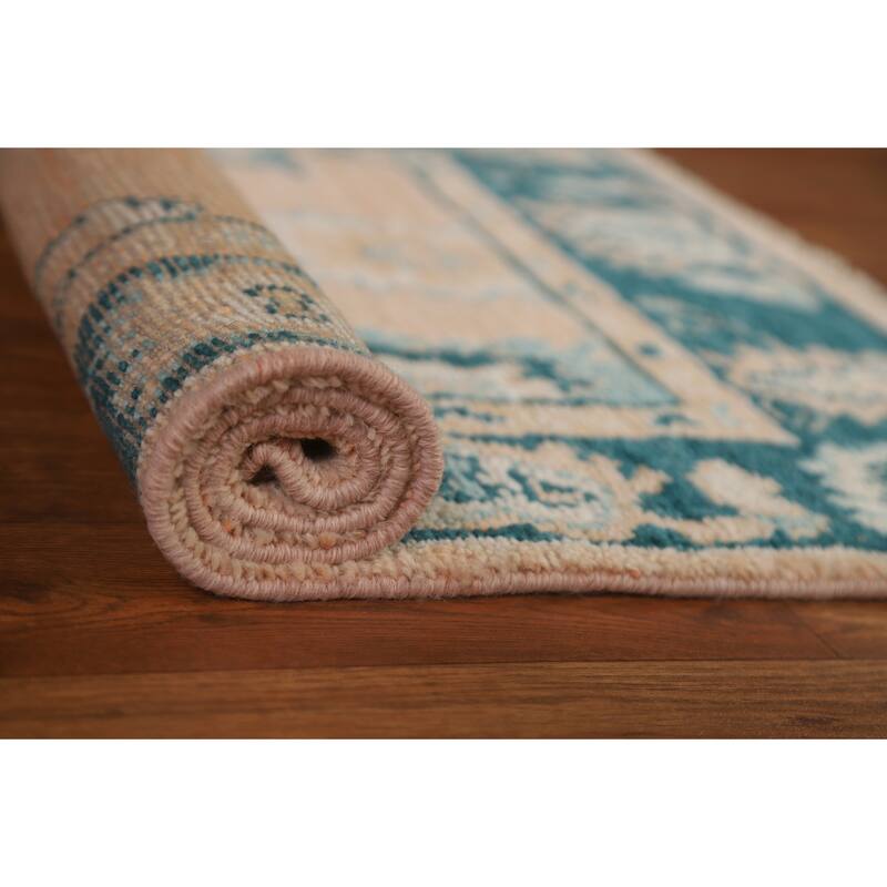Hand Knotted Oriental 100% Wool Carpet Transitional Geometric Peach Oushak Area Rug - 2' 11'' X 2' 1''
