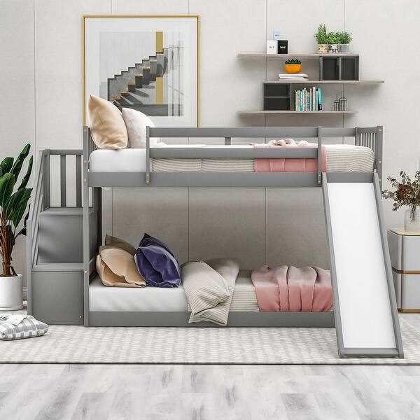 slide 2 of 20, Twin over Twin Low Bunk Bed Frame with Convertible Slide and Stairway Gray - Twin