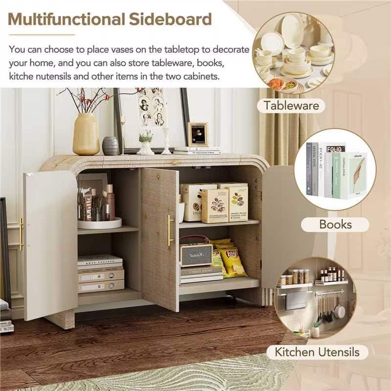Retro Sideboard Storage Accent Cabinet with Gold Pulls, Adjustable Shelves, and Smooth Curved Design for Living Dining Room