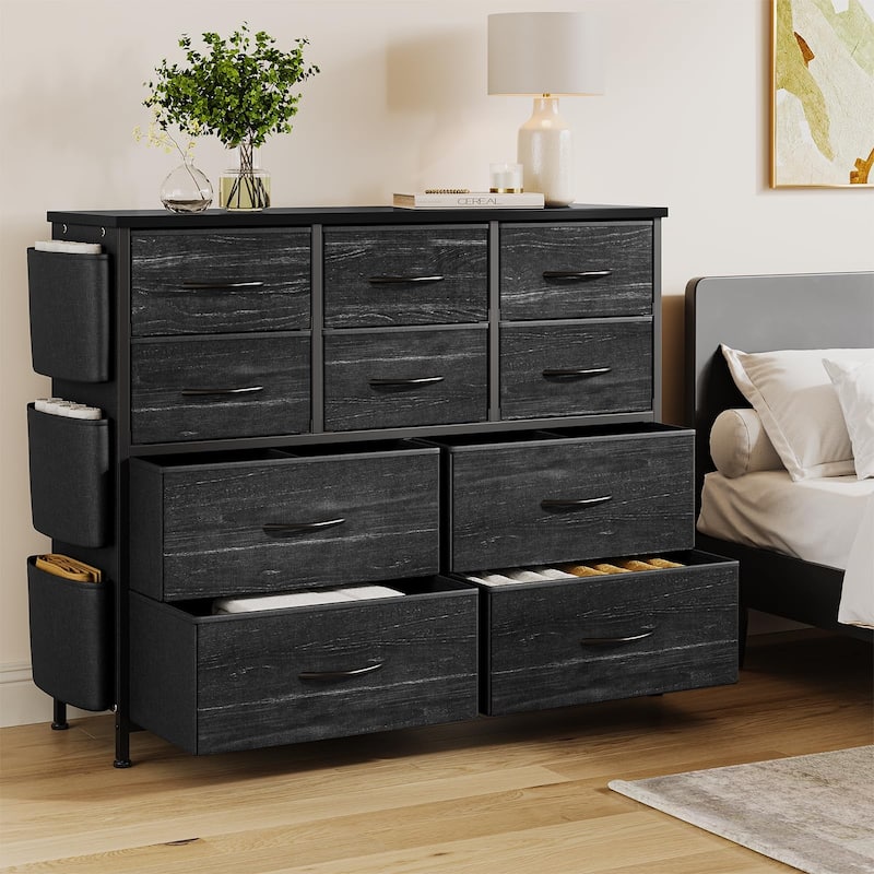 Fabric 10 Drawer Dresser for Bedroom, Metal Frame Storage Organizer Chest with Side Pockets, Hooks - Black