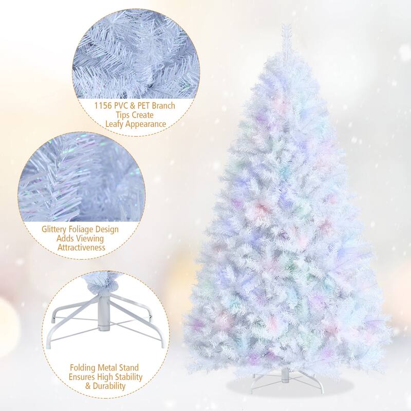 Gymax 6/7/8 FT White Artificial Christmas Tree Hinged Unlit Iridescent