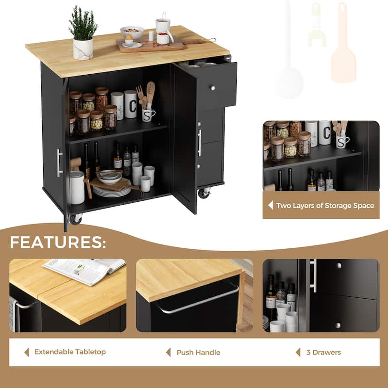 Rolling Kitchen Island with Storage Cabinet & 3 Drawers – Mobile Storage Cart with Extendable Countertop for Small Spaces