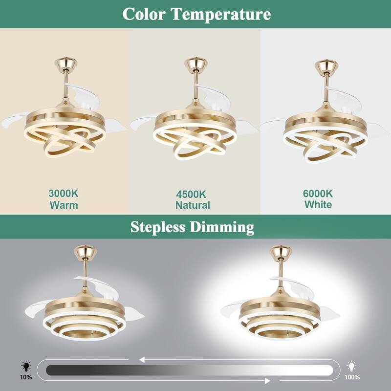 Cusp Barn 42" Retractable Ceiling Fan with Lights and Remote DIY Shape Fandelier Modern Silent DC Motor LED Ceiling Light