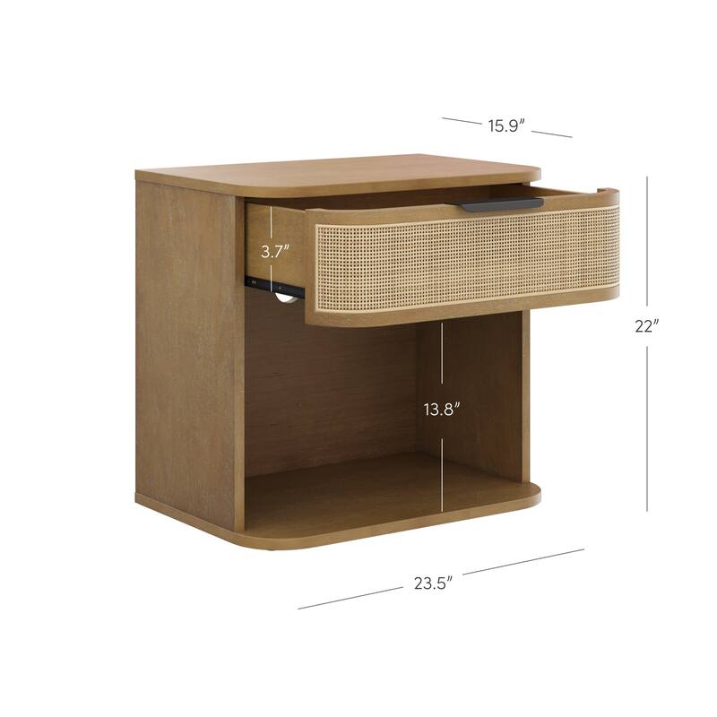 Keith Farmhouse Bedside Table, Modern Coastal Nightstand, Rattan Nighstand with 1 Drawer for Bedroom