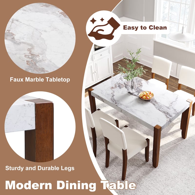 5 Piece Dining Table Set for 4, 46" Faux Marble Table with 4 Upholstered Chairs