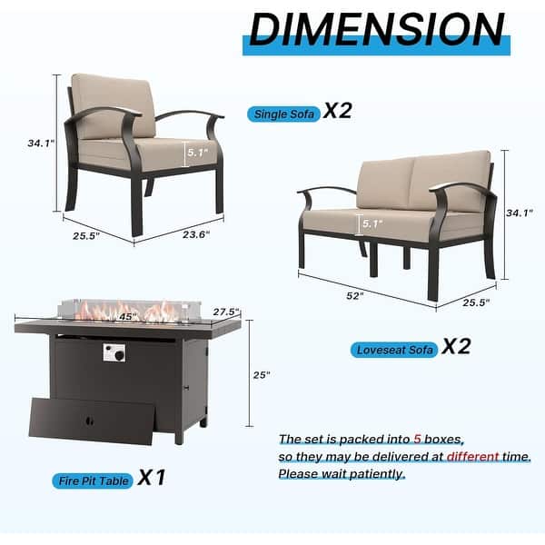 dimension image slide 3 of 14, Aluminum Patio Outdoor Sectional Sofa Set with Fire Pit, Swivel Rocking Chairs and Ottomans