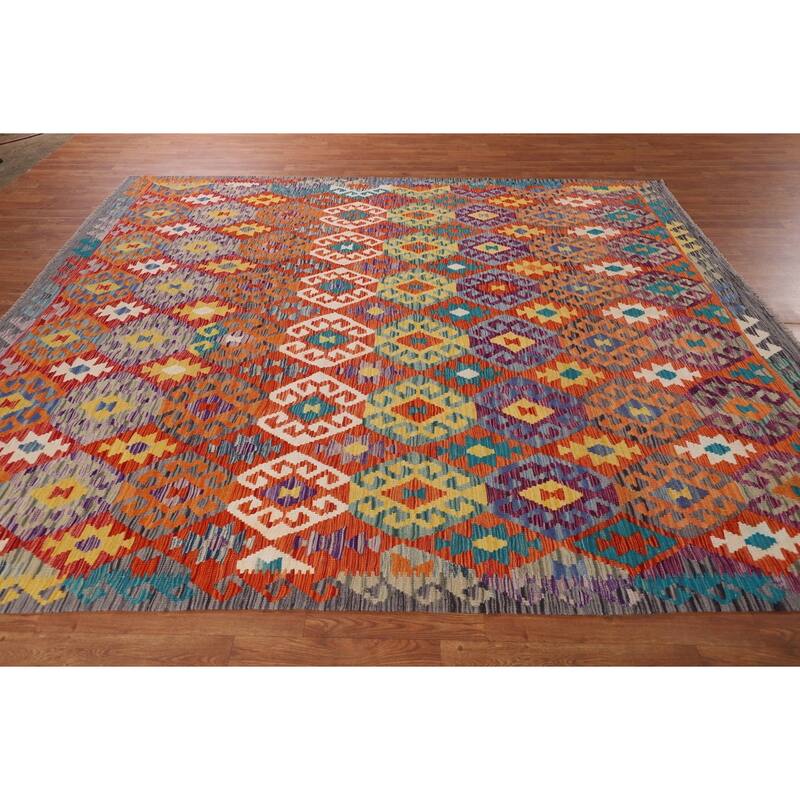 Reversible Orange Kilim Area Rug Flatweave Oriental Wool Carpet - 7'11" x 9'7"