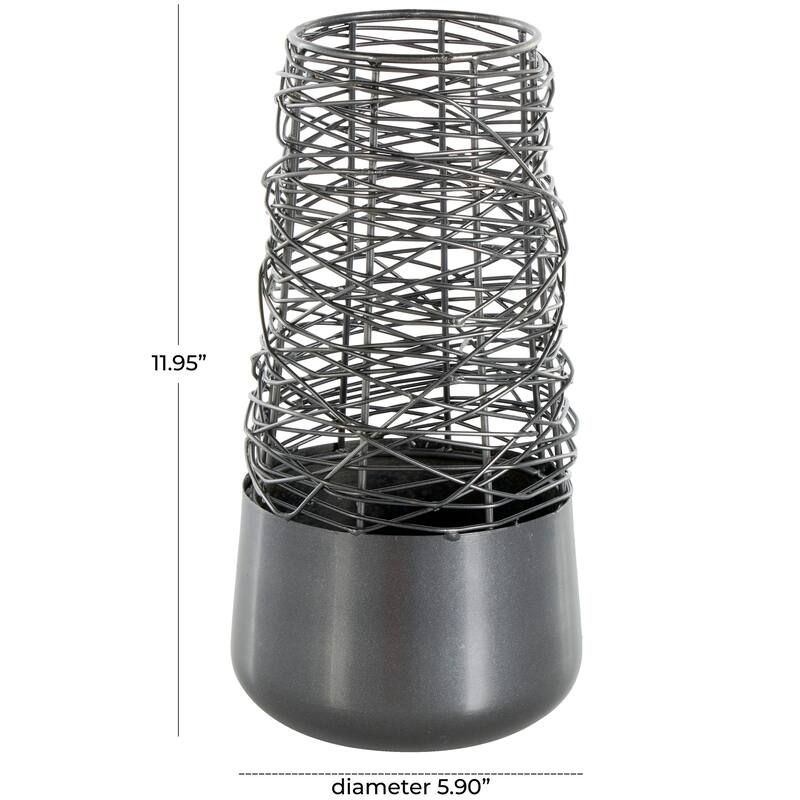Black Metal Intertwined Wire Abstract Vase with Solid Matte Base