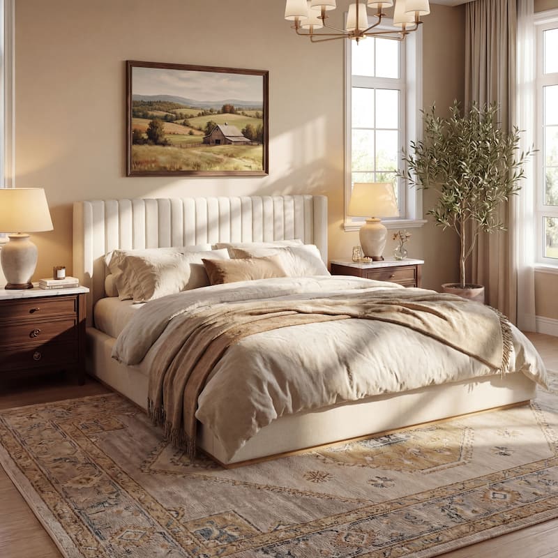 Christopher Knight Home - Modern Minimalist Upholstered Linen Platform Bed Frame with Wingback Headboard, Wood Slat Support
