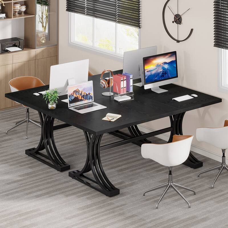 63" Large Rectangular Executive Desk, Wood Faux Marble Table, Business Computer Desk for Home Office