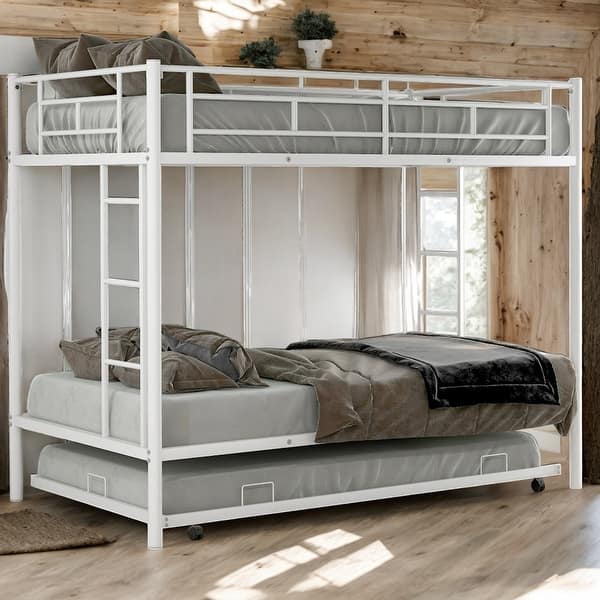 slide 2 of 15, Modern Twin Over Twin Bunk Bed With Trundle,Two Ladders,Durable Metal Frame, White
