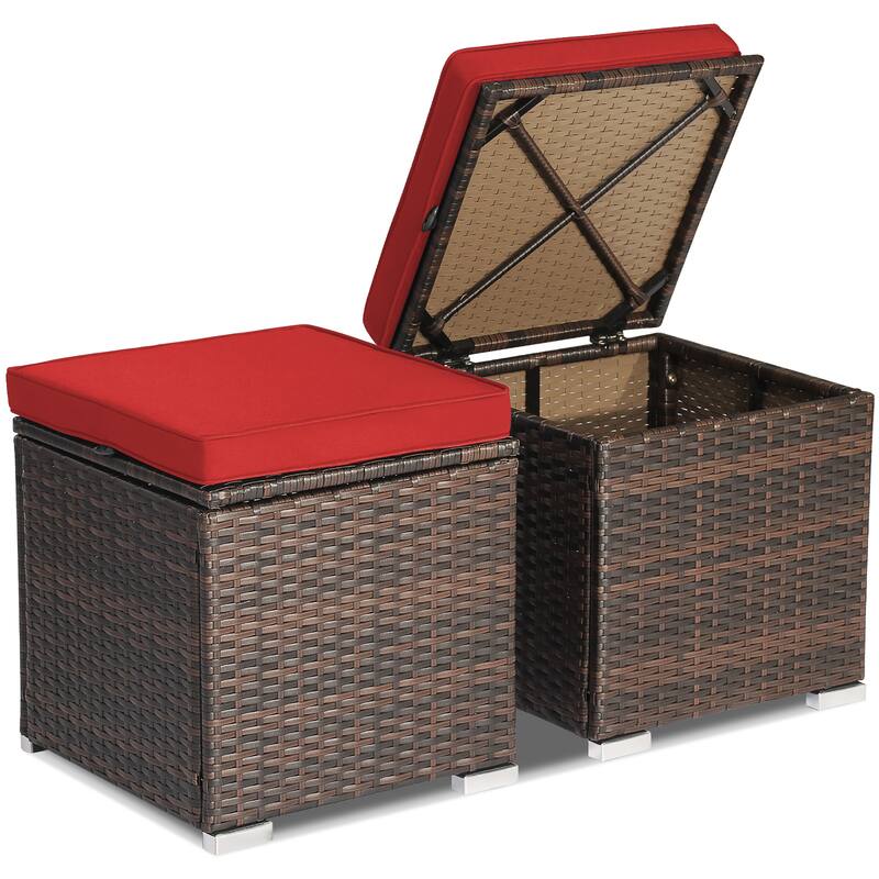 Costway 2PCS Patio Rattan Ottomans Seat Side Table Storage Box - See Details - Red