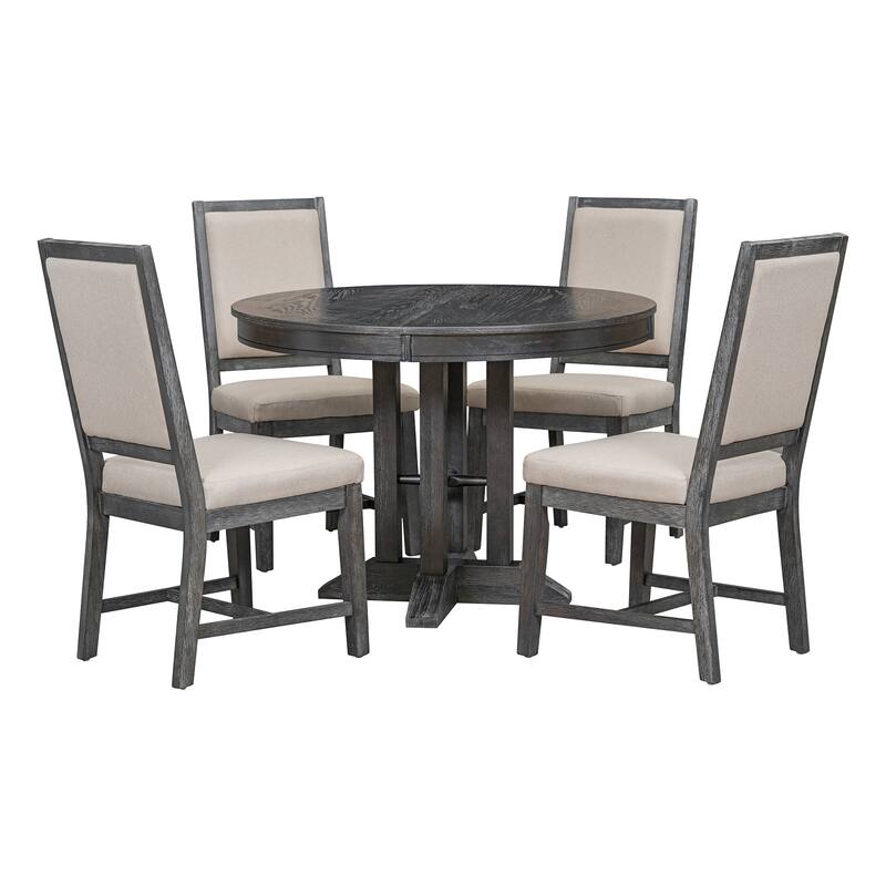 Farmhouse 5-Piece Wooden Dining Table Set with Extendable Round Table & 4 Chairs