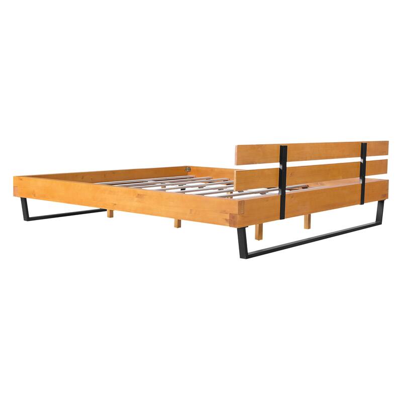 King Size Pine Wood Bed Frame with Black Iron Accents - Natural & Black