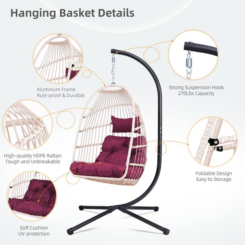 Outdoor Egg Hanging Chair, Swing Chair with Stand & Aluminum-Steel Frame, Patio Rattan Wicker Hanging Swing Egg Chair