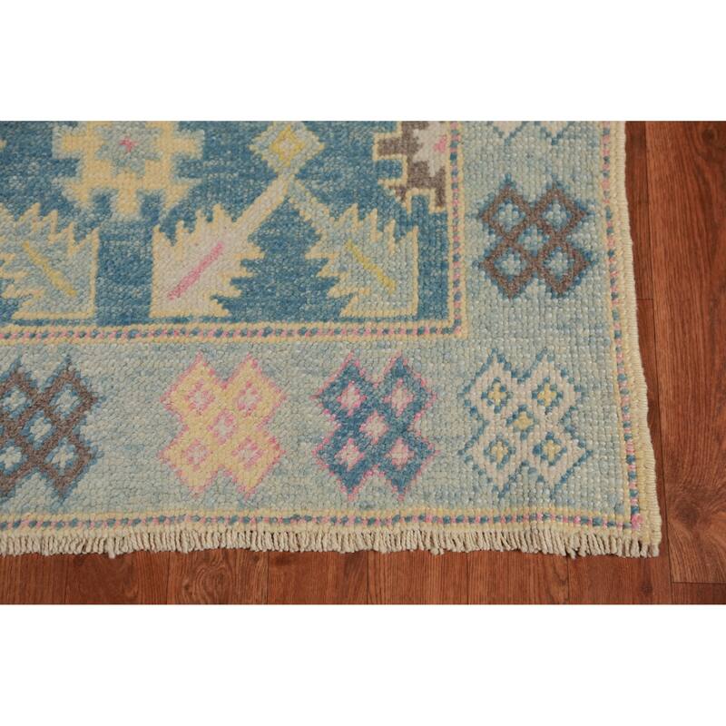 Hand Knotted Oriental 100% Wool Carpet Transitional Floral Navy Blue & Blues Oushak Runner Rug - 17' 2'' X 3' 1''