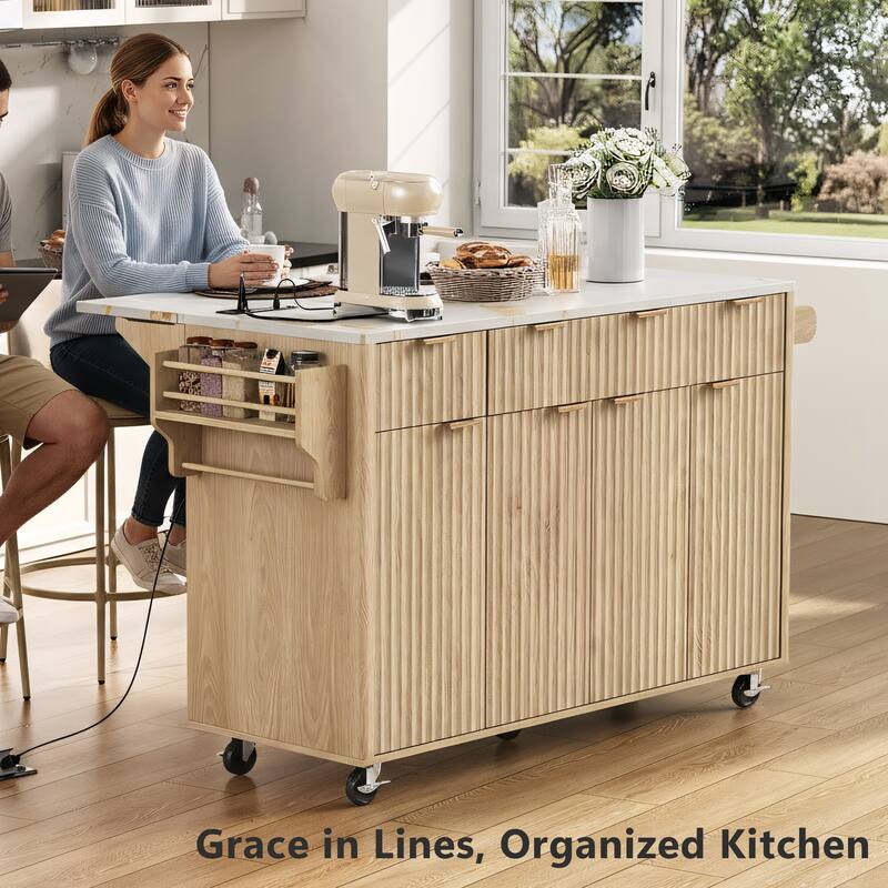55.5" Fluted Storage Kitchen Island with Drop Leaf and Power Outlet and 3 Drawers