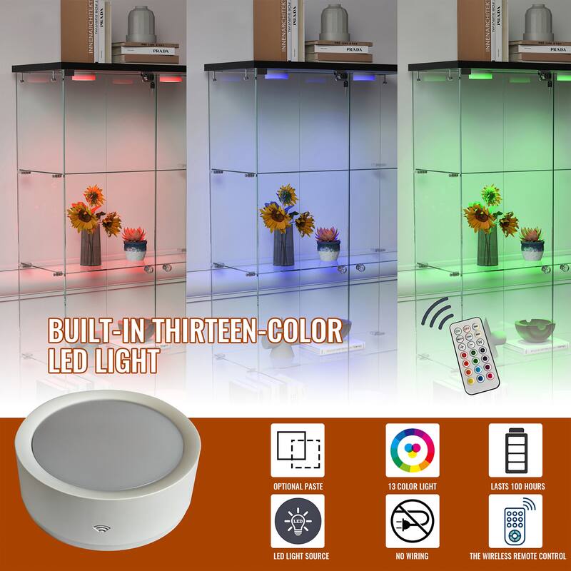 65.9" Modern Glass Display Cabinet with LED Lights, 2 Large Drawers & 4 Shelves, Lockable Storage Case