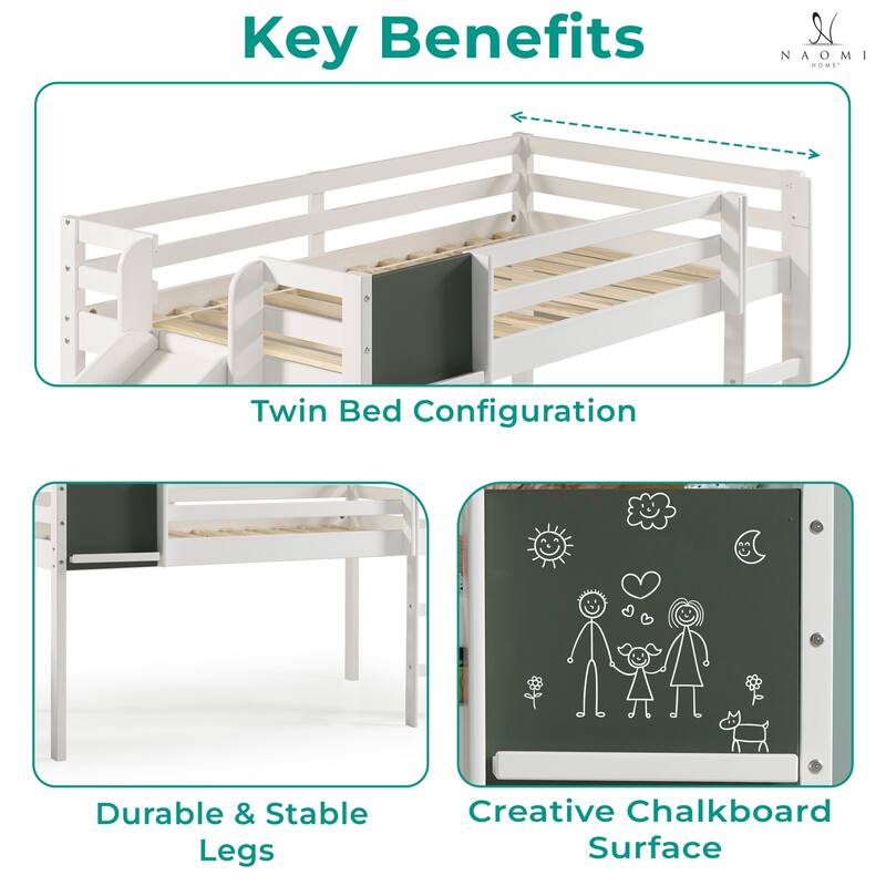 Twin Size Kids Loft Bed with Slide - Solid Wood Loft Bed with Ladder, Chalkboard & Space-Saving Design for Toddlers