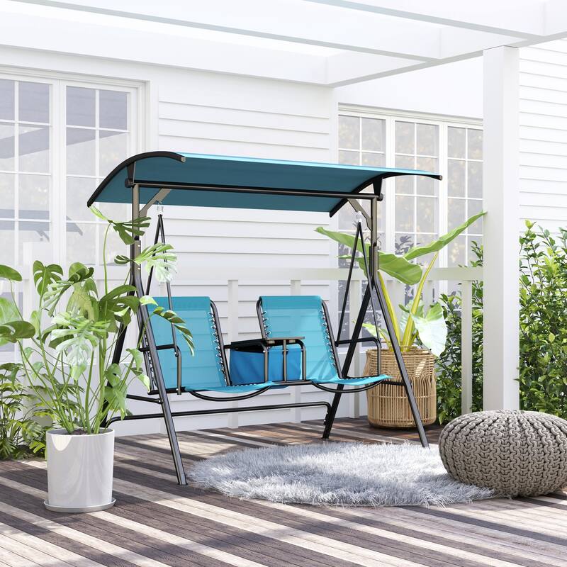 2-Seat Outdoor Canopy Swing Chair with Pivot Storage Table, Cup Holder & Adjustable Shade