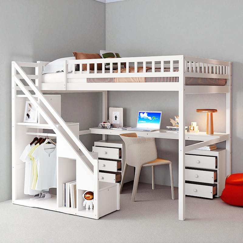 Twin/Full Loft Bed with Desk, 2 Storage Drawers, LED Light Strip, Side Stairs, Study & Space-Saving Design