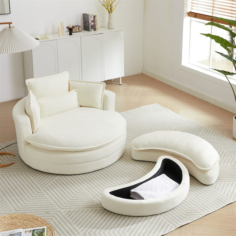 52" Swivel Fabric Big Round Chair with Storage Ottoman and Pillows - Beige