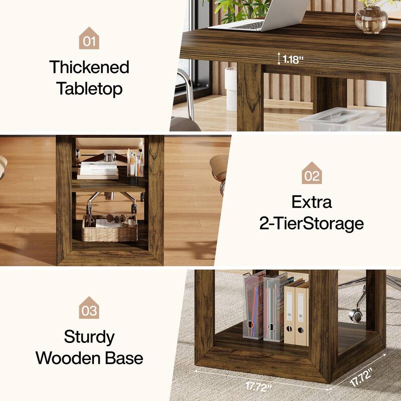 Square Conference Table with 2-tier Storage Shelf for Small Spaces